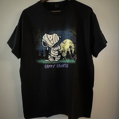 Gildan Peanuts Snoopy Halloween Shirt Large Black Mummy Woodstock Happy Haunting