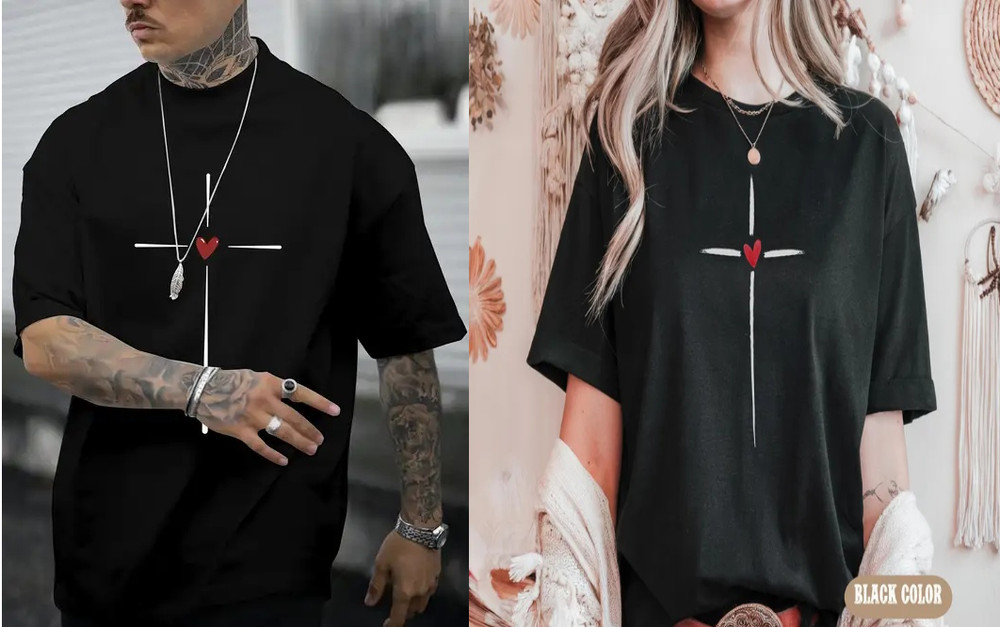 Cross Love Heart Print Men an Women’s Casual Short Sleeve T-Shirt Size 3X L