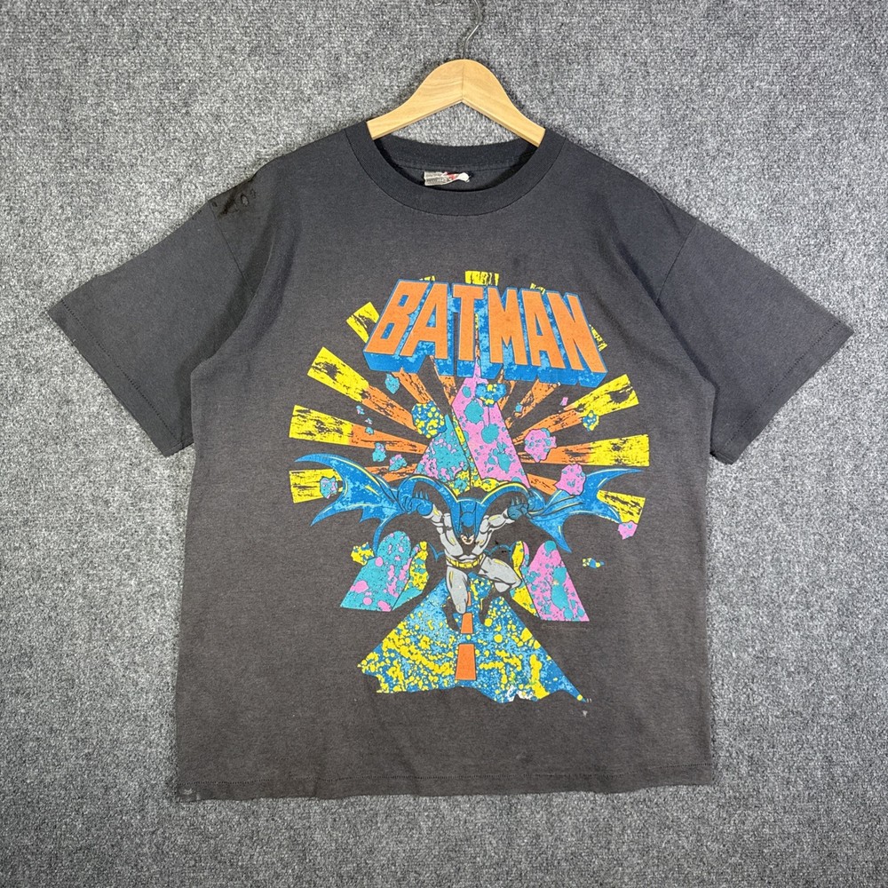 Vintage Batman Shirt Mens XL Black 80s DC Comics 1988 Cartoon Faded Neon AOP