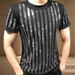 New Men Luxury Diamond Rhinestones Fashion Black T-Shirt High Quality