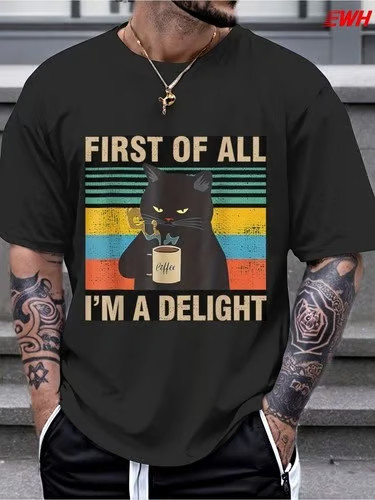 1pc First Of All I’m A Delight” Sarcastic Angry Cat Print T-Shirt for Men,