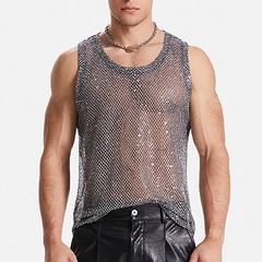 Mens Glitter Sheer See Through Fishnet Tank Top Sexy Mesh Muscle Vest S 3XL