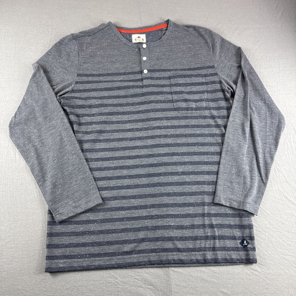 Sperry Henley Mens L Gray Blue Striped Long Sleeve Pocket Thermal Base Layer Top