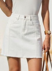 Womens Denim Skirt Casual Stretch High Waist Raw Hem Zip Fly Jean Skirt for