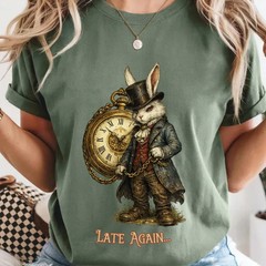 White Rabbit Alice in Wonderland Steam punk Late Again T-shirt