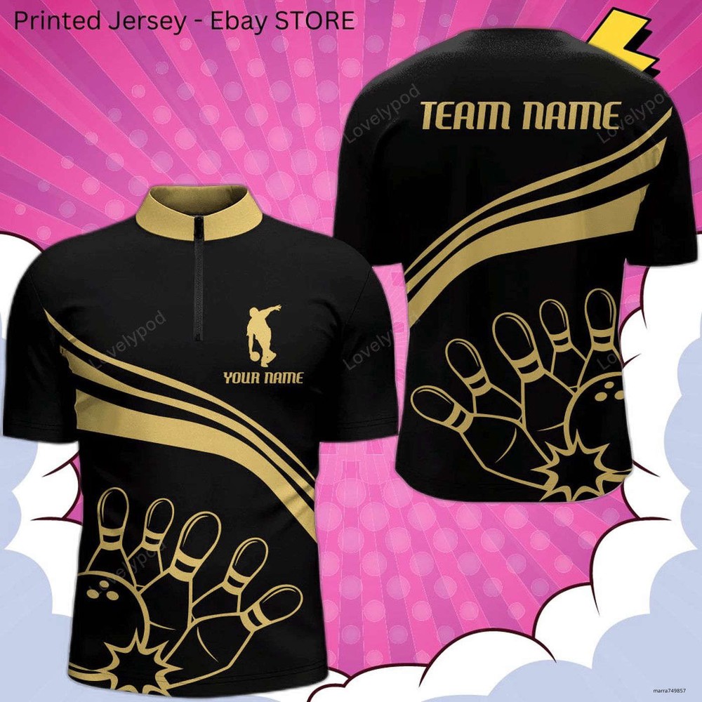 Black & Gold Bowling Custom Bowling Jersey Team Shirt S-5XL