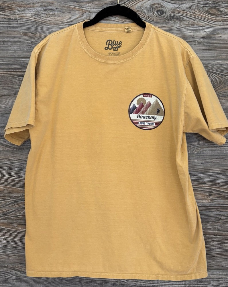 Blue 84 Heavenly Lake Tahoe CA Men’s M Yellow Double-Sided Graphic Tee Crew Neck