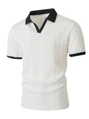 Men’s Cable Knit Contrast Collar Polo Shirt Business Casual V Neck Summer Top