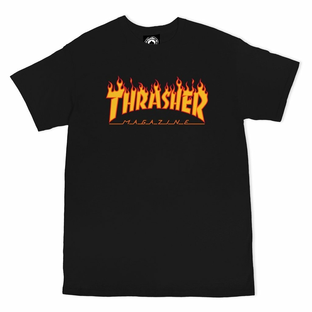 Thrasher Magazine FLAMES LOGO Skateboard T Shirt BLACK