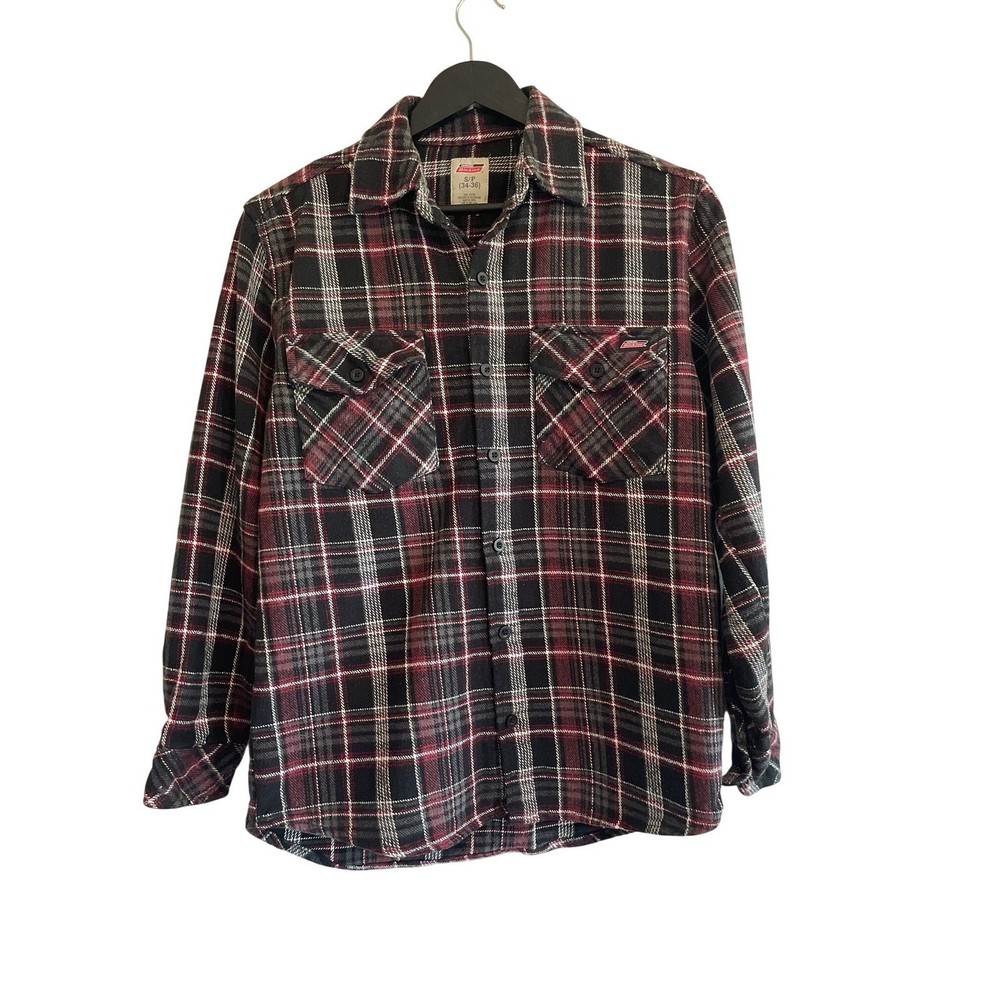 Genuine Dickies Men 100% Cotton Red Black Plaid Flannel Button Down Shirt S