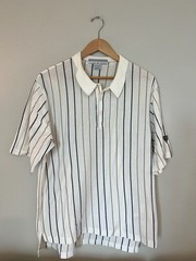 Tiger Woods, 90s Vintage Made in Italy Nike Golf Polo, White/Black Pinstripes, L