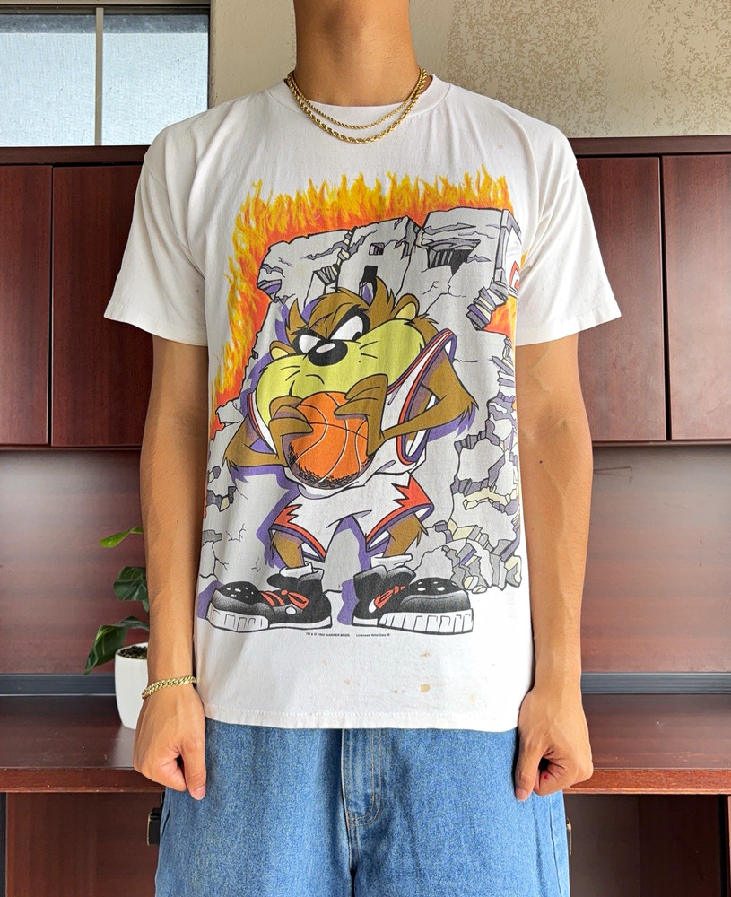 RARE Vintage 90s Made in USA Single Stitch AOP Looney Tunes TAZ T-Shirt : XL