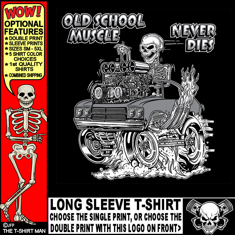 1970 Hot Rod Muscle Car Outlaw Gasser Drag Race Cartoony Skeleton T-shirt OM14