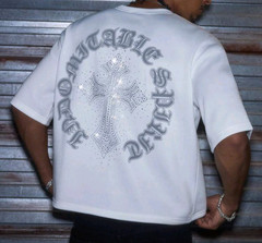 New Men Luxury Diamond Cross Rhinestones White T-Shirt High Quality