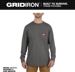 Milwaukee Men’s XL Gray GRIDIRON Cotton/Polyester LS Pocket T-Shirt 606G-XL