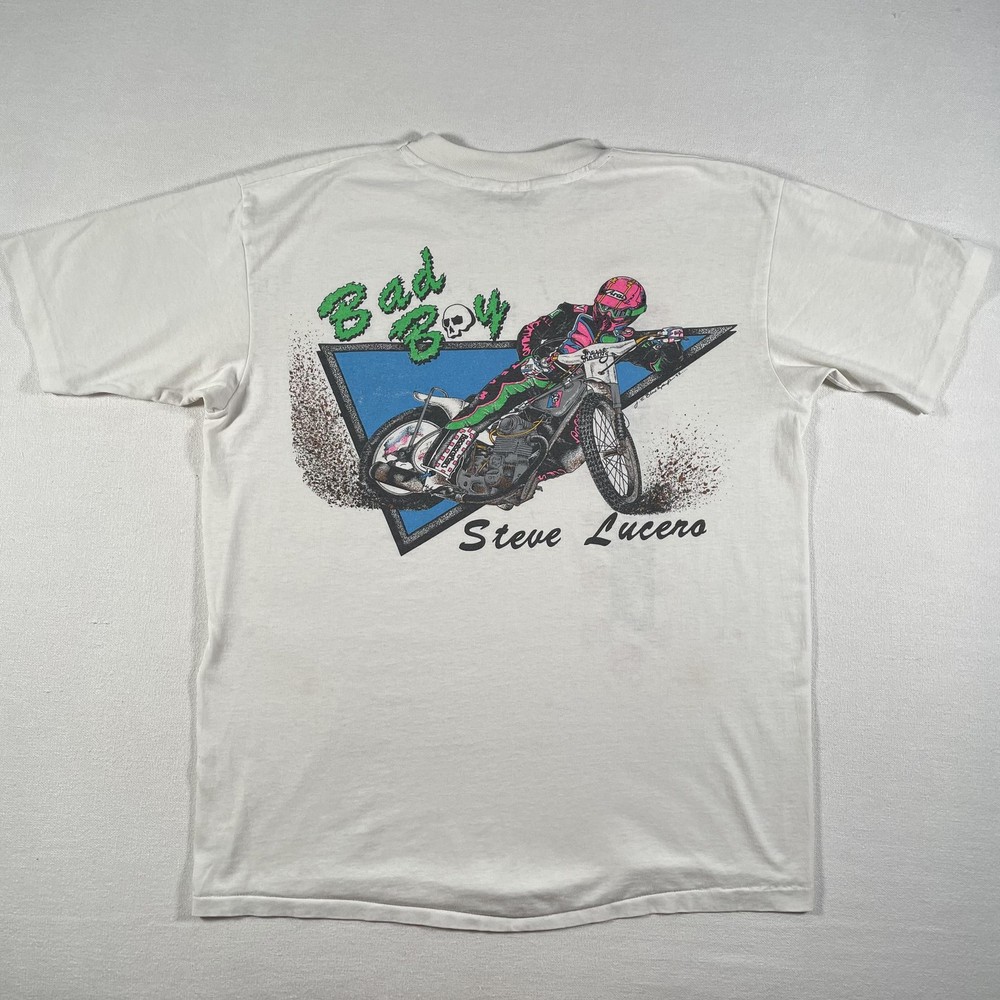 Vintage Speedway Racing Steve Lucero Shirt Mens Large White Bad Boy Signed 80s