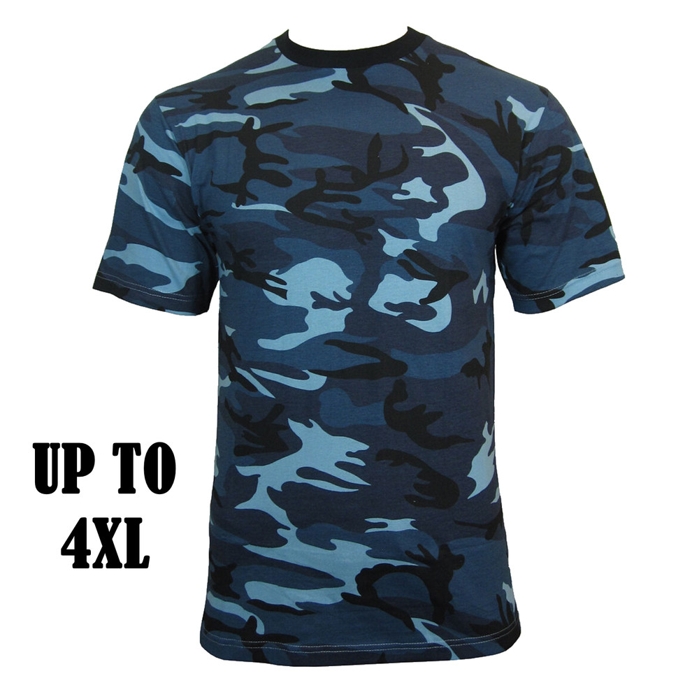 Urban Blue Camo T-Shirt – 100% Cotton Camouflage Army Military Top – Up To 4XL