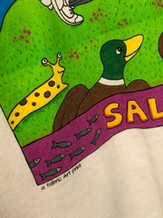 Vtg Fabric Art White Single Stitch Salmon Run XL Long Sleeve Rebecca Lee Baldwin