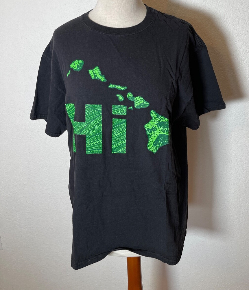 Mens Shirt Large Hawaiian Islands Black Easy Care Stretch Graphic Surfing