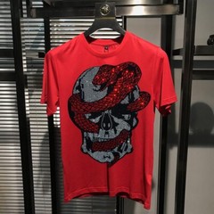 New Men Fashion Diamonds T-Shirt Skull Horror Rhinestones Hot Drill Short Sleeve