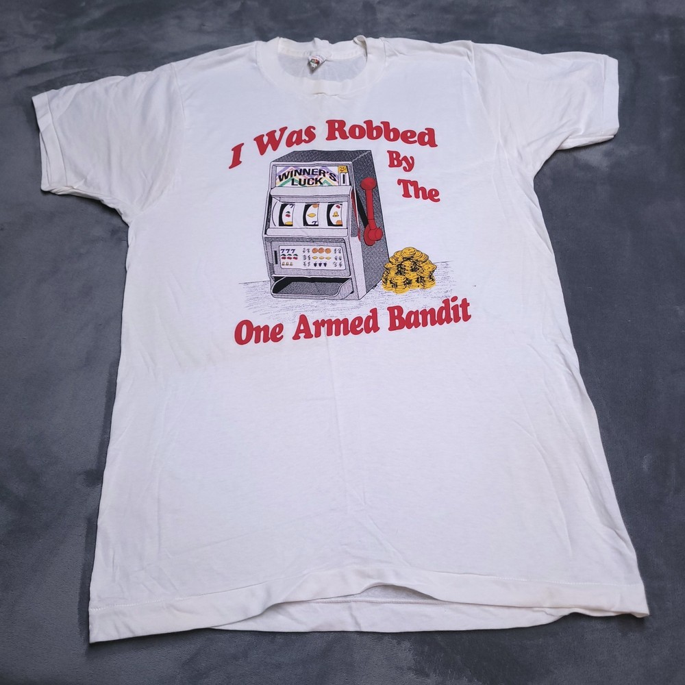 Vtg 80’s Single Stitch Robbed One Arm Bandit Slot Machine Casino Shirt Size M/L