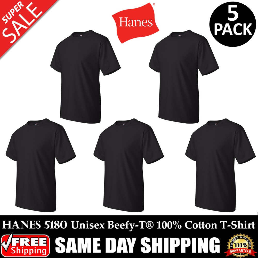 PACK OF 5 HANES PLAIN Mens Black T Shirt Blank Wholesale T-Shirt – 5180 S-XL
