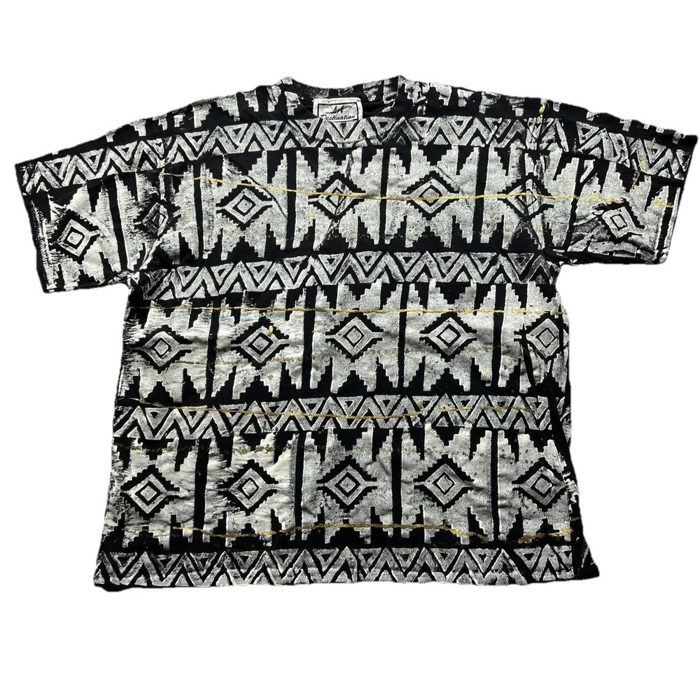 Vintage LA Destination Black Geometric Pattern Hand Made T Shirt Men’s Size 3XL