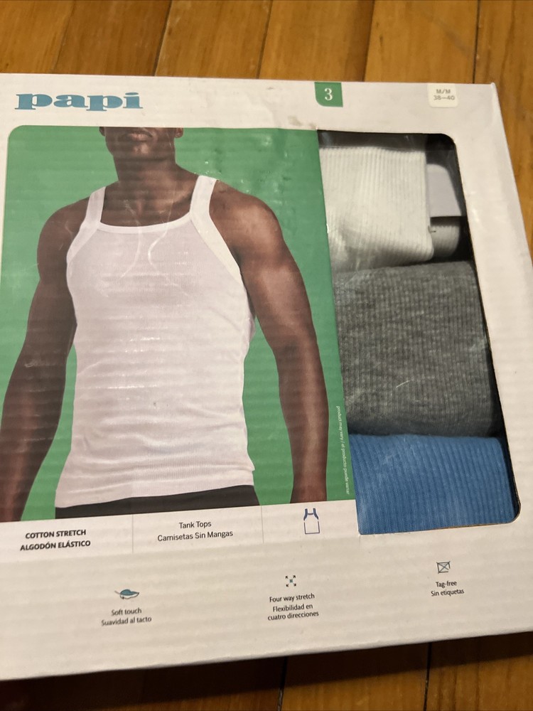 3 PACK PAPI COTTON STRETCH W/GRAY/BLUE TANK TOPS SOFT TOUCH TAG FREE SZ M(38-40)