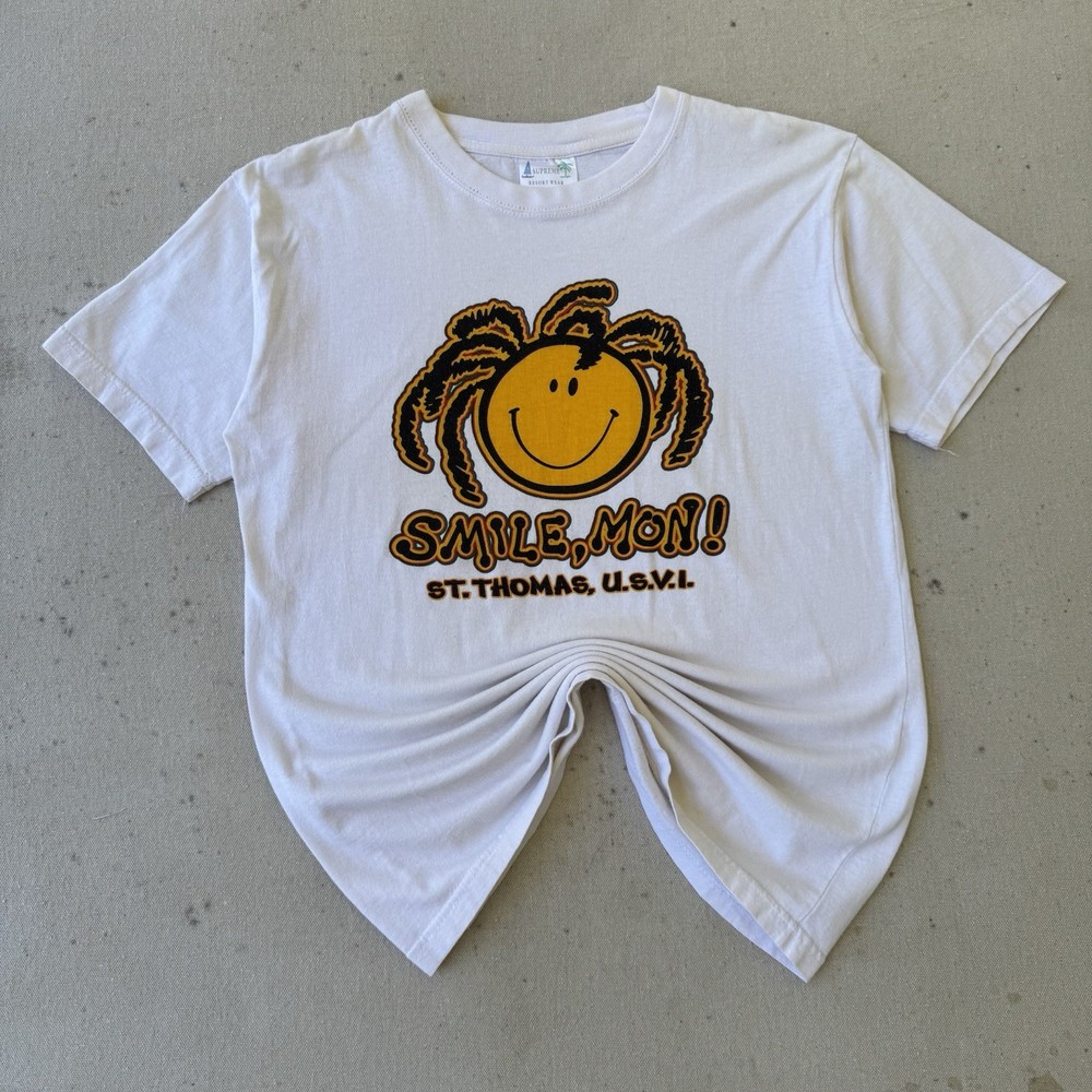 Vtg 90s St Thomas Smile Mon White T Shirt Medium Smiley Rasta Beach Funny Humor