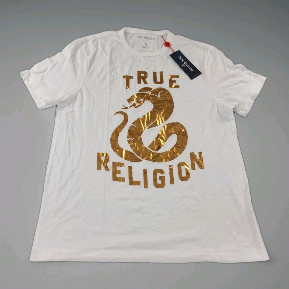 TRUE RELIGION x Men’s Copper Snake Metallic Foil Print White T-Shirt Size L NWT
