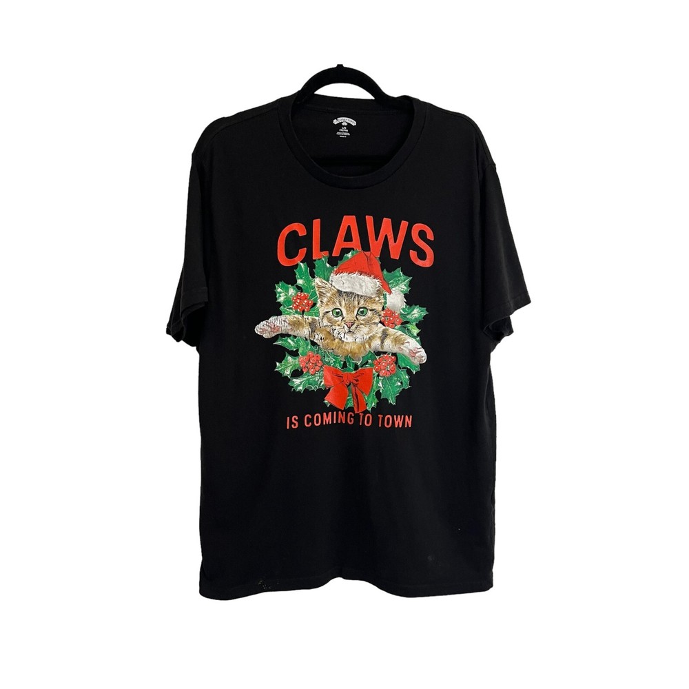 Holiday Time Christmas Santa Claws Is Coming to Town Cat Graphic Tee Mens Size L