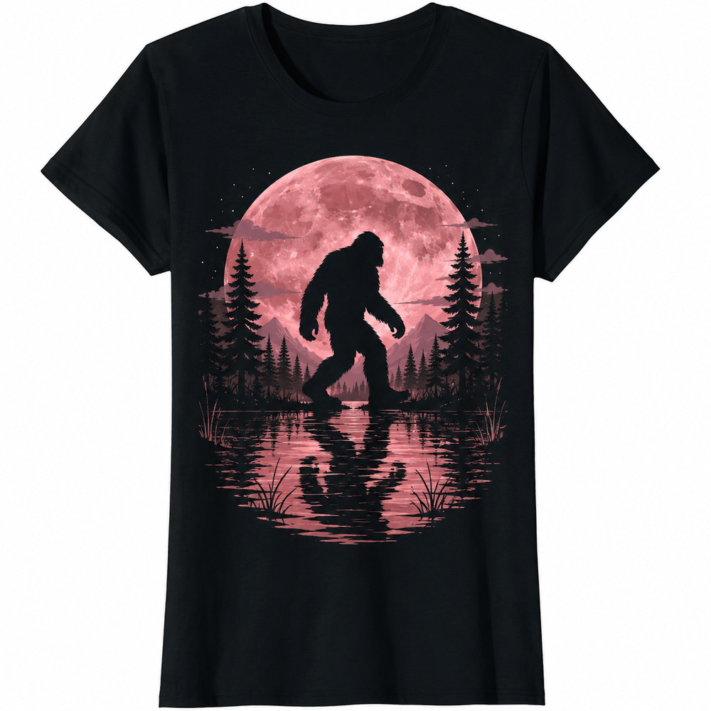 Cute Black Bigfoot Graphic Tee, Forest Moon Shirt, Perfect Gift For Friend