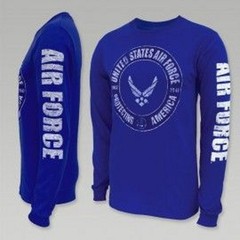 US Air Force Long Sleeve Blue T-Shirt Protecting America USAF Vet Sleeve Print