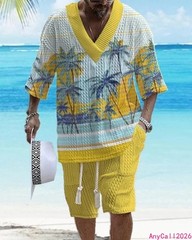 Beach Loose Print V-neck Mens Knitted Short-sleeved Short-shorts Set Casual 2pcs