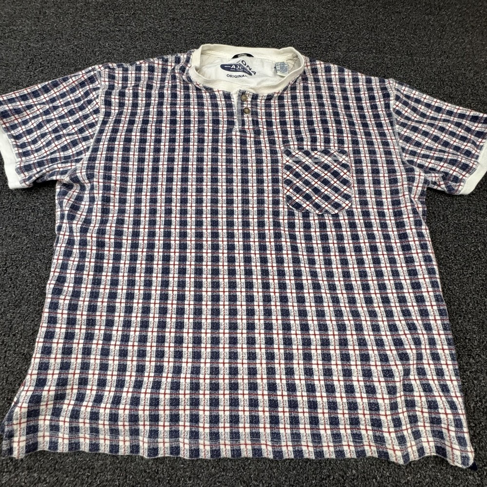 AriZona Shirt Mens XL Blue Short Sleeve Henley Check Pocket Button Logo Tee