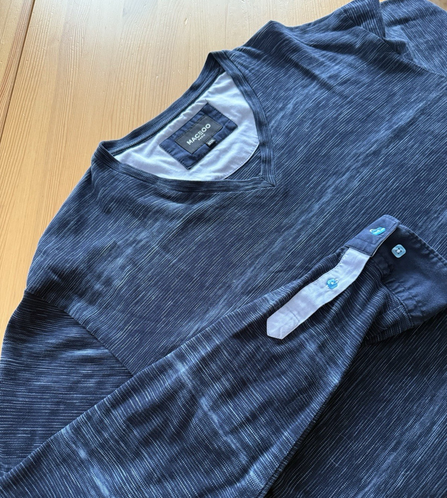 Maceoo Paris USA Shirt Men 6 / 2XL Navy V Neck Flip Cuff Long Sleeve