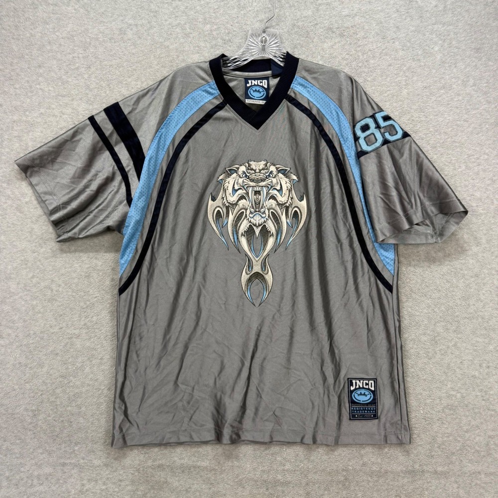 JNCO Jersey Mens XL Grey Blue Tribal Sabertooth 85 Graphic V-Neck Vintage 90s