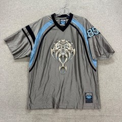 JNCO Jersey Mens XL Grey Blue Tribal Sabertooth 85 Graphic V-Neck Vintage 90s