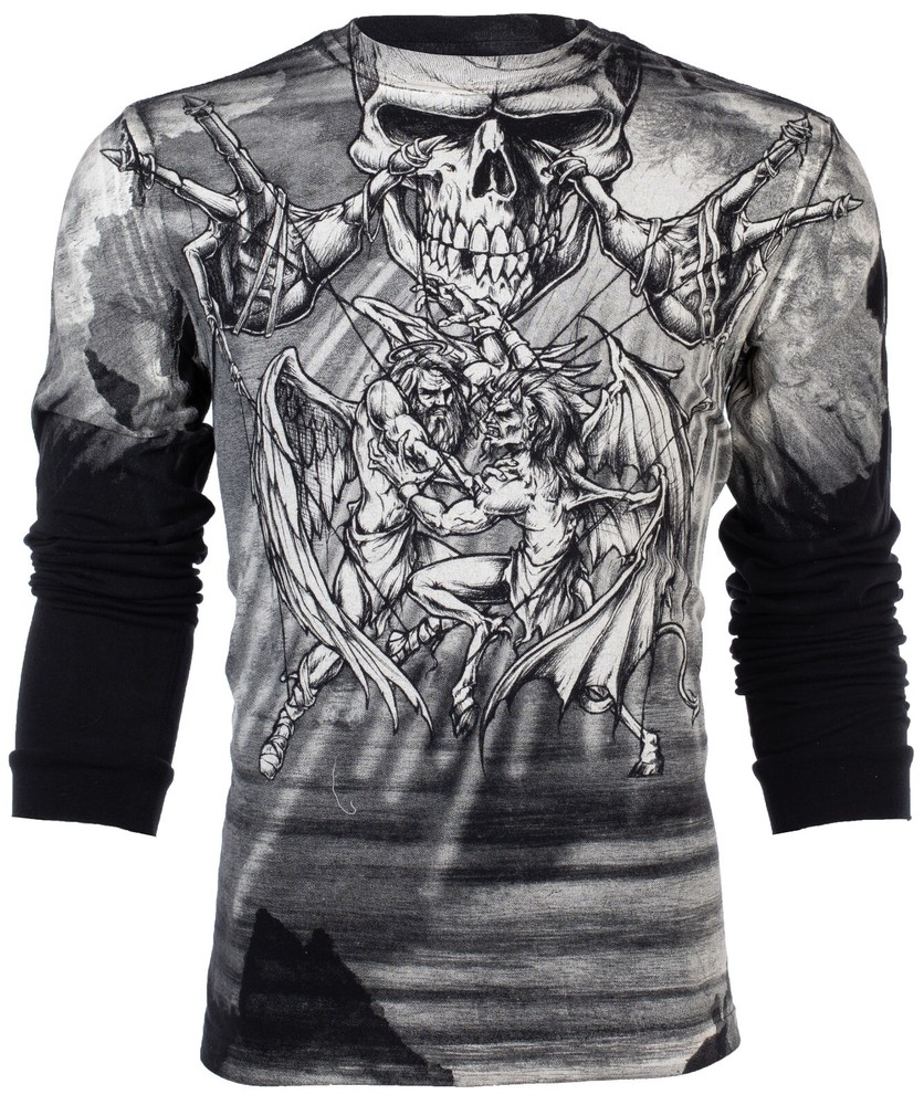 $78 AFFLICTION Black PUPPET MASTER Skull Long Sleeve Slim Fit Y2K T-shirt NWT