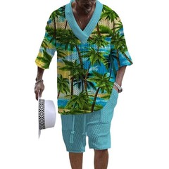 Beach Loose Print V-neck Mens Knitted Short-sleeved Short-shorts Set Casual 2pcs