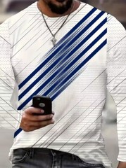 Men Long Sleeve Striped Crew Neck Asymmetrical Geometric Pattern T-Shirt