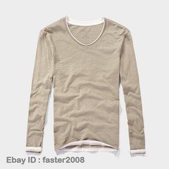 Hot Mens Long-Sleeved T-Shirts New Cotton V-Neck Solid Color Casual Slim Tops