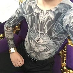 Men Women Tatto Cosplay Long Sleeves T-shirt Elastic Thin Tee