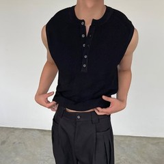 Men’s Ribbed Vest Sleeveless For Henry Collar Slim Fit Streetwear Sports Top