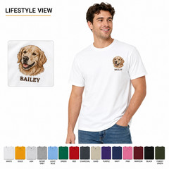 Custom Embroidered Pet Portrait T-Shirt Golden Retriever Personalized Name White