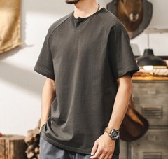 American retro T-shirt men short-sleeved summer Henry collar Navy blue