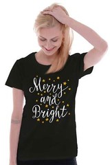 Merry And Bright Christmas Holiday Xmas Gift Womens Short Sleeve Ladies T Shirt