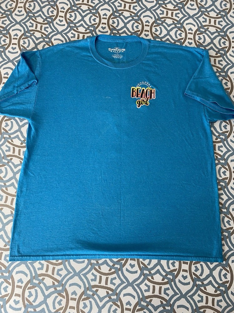Sunshine Raised Blue Beach Girl Flip Flops Graphic Print Crew Neck T-Shirt XL