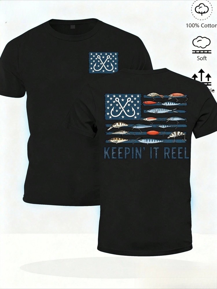 American Flag Fishing Hook Bait Fish Graphic Tee Mens Womens Vintage Cotton