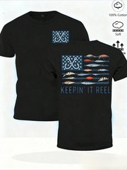 American Flag Fishing Hook Bait Fish Graphic Tee Mens Womens Vintage Cotton